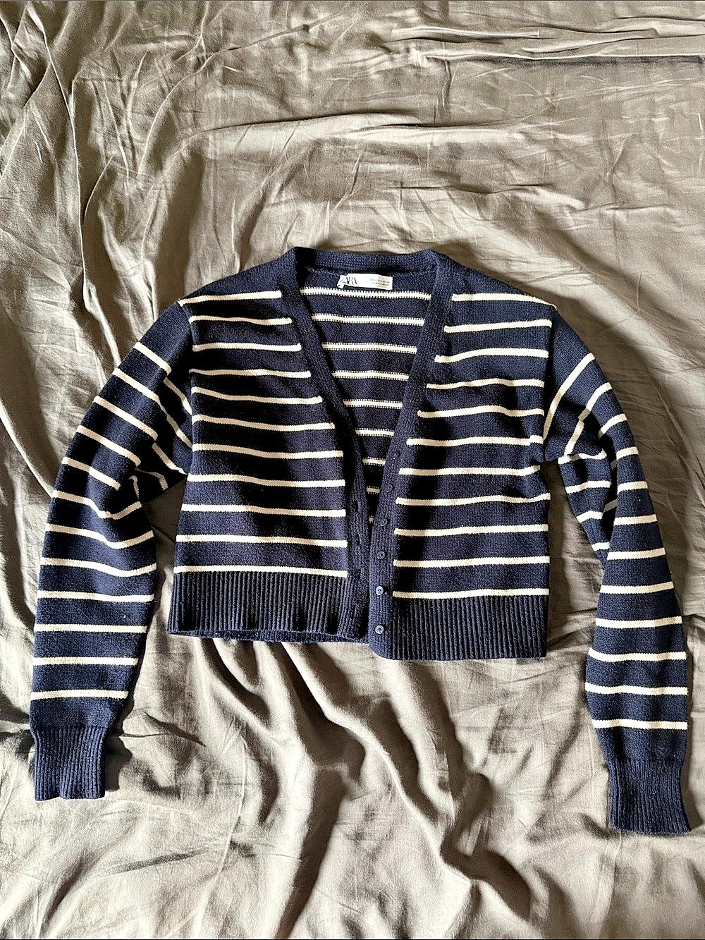 Zara Striped Cropped Cardigan in Blue & Cream Size small